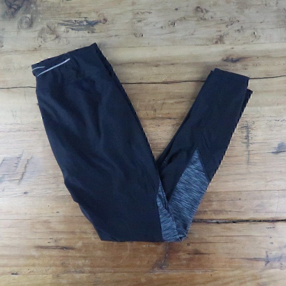AVIA BLACK GREY HEATHER STRIPED FULL LENGTH GYM LEGGINGS WITH BACK TWIST POCKET